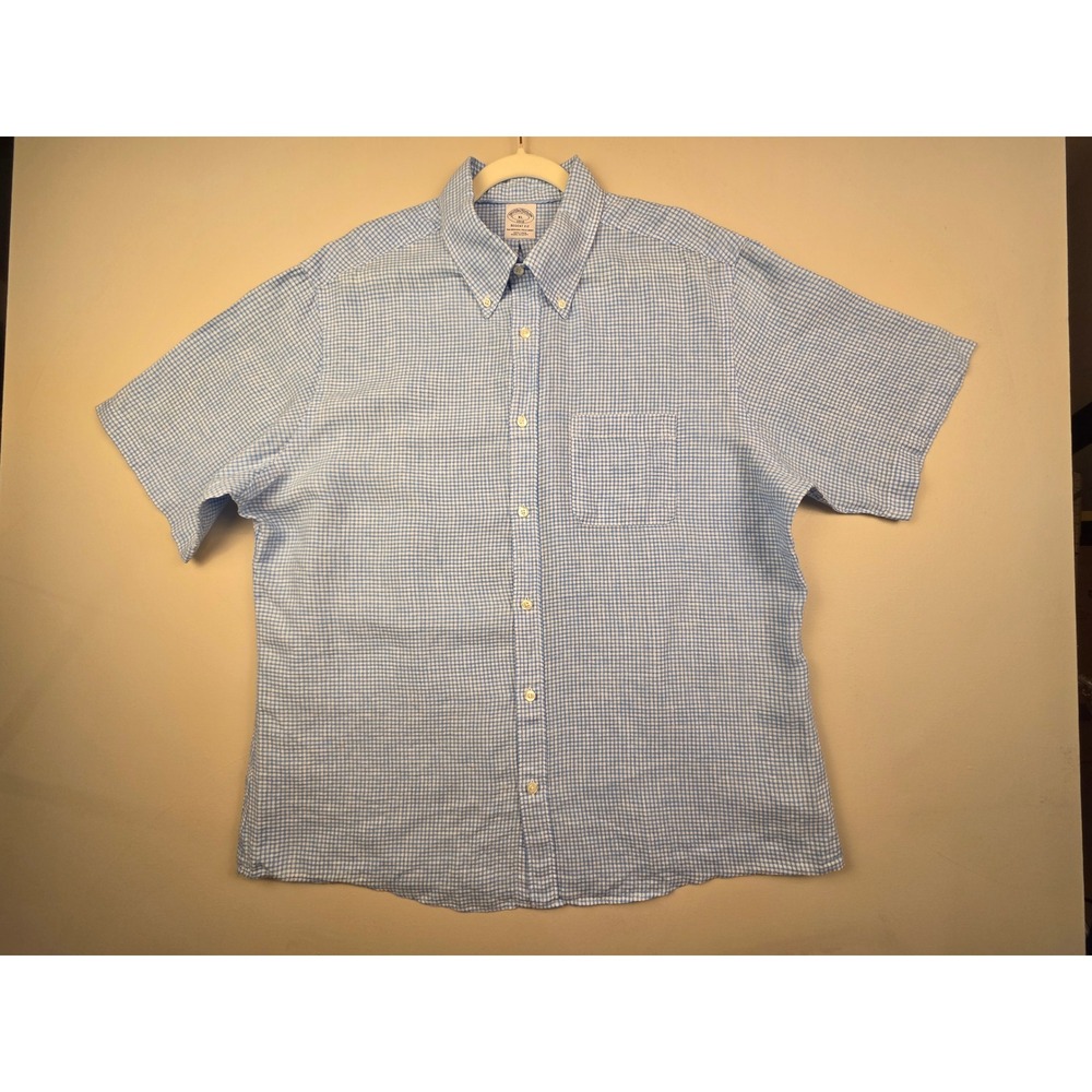 Brooks Brothers Regent Fit 100% Linen Gingham Short Sleeve Shirt Mens XL Blue